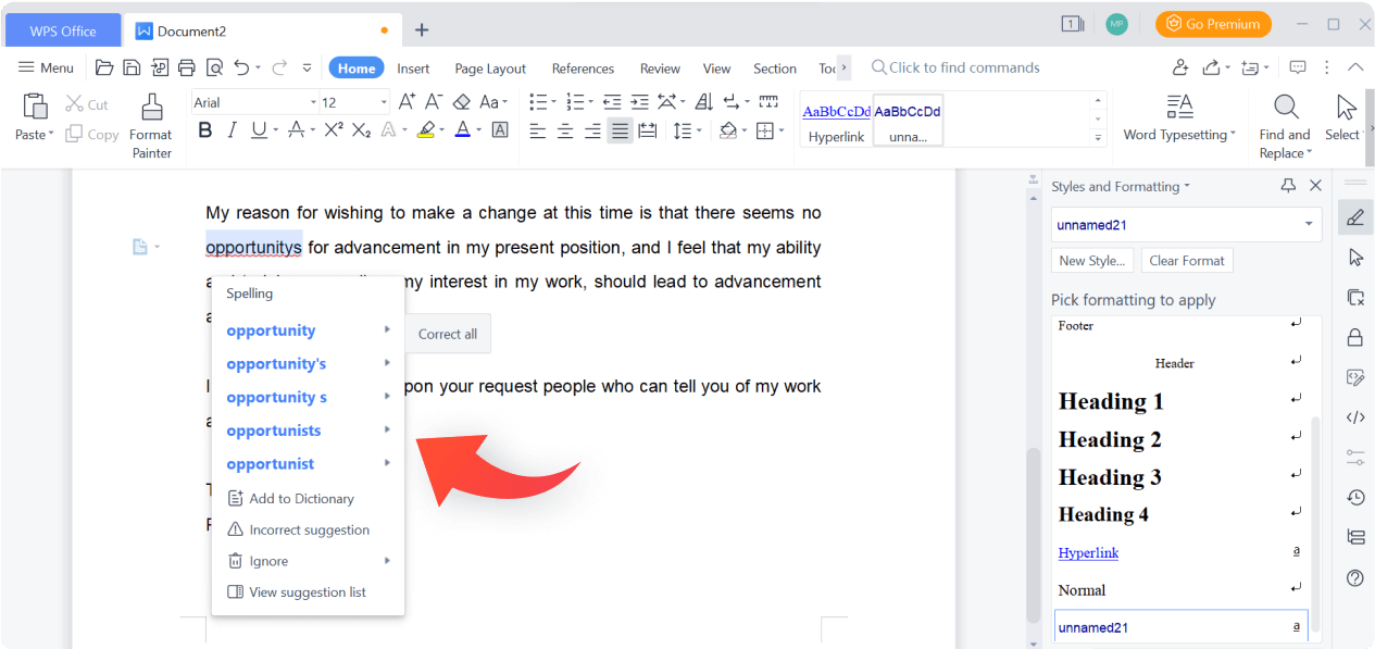 WPS 寫入器可用於 Word 文件的拼字檢查功能