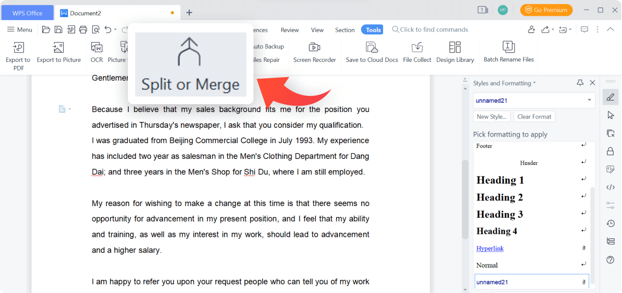 在 WPS 寫入器中分割或合併 Word 文件